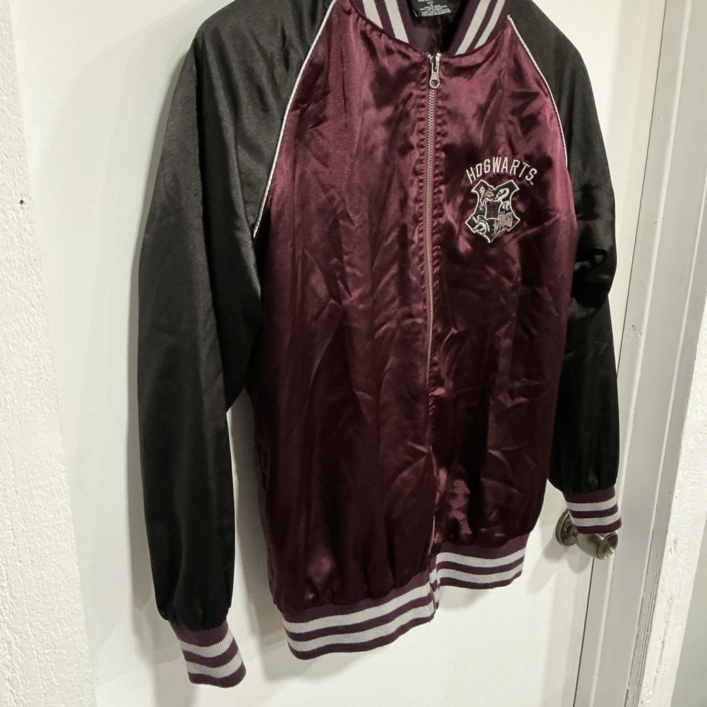 Harry Potter Hogwarts Embroidered Varsity Bomber Jacket Burgundy, Medium, Satin - Picture 3 of 12